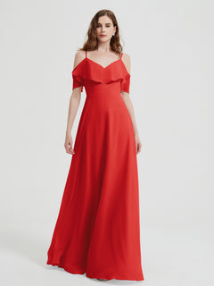 Spaghetti Straps V-neck Chiffon Long Dresses-Red Plus Size