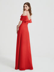 Spaghetti Straps V-neck Chiffon Long Dresses-Red