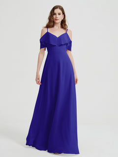 Spaghetti Straps V-neck Chiffon Long Dresses-Royal Blue