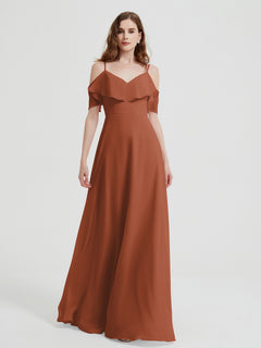 Spaghetti Straps V-neck Chiffon Long Dresses-Rust Plus Size