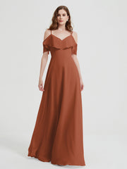 Spaghetti Straps V-neck Chiffon Long Dresses-Rust