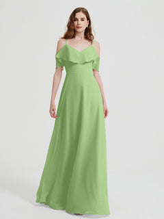 Spaghetti Straps V-neck Chiffon Long Dresses-Sage