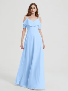 Spaghetti Straps V-neck Chiffon Long Dresses-Sky Blue