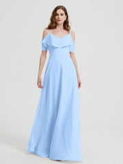 Spaghetti Straps V-neck Chiffon Long Dresses-Sky Blue