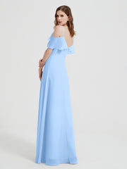 Spaghetti Straps V-neck Chiffon Long Dresses-Sky Blue