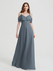 Spaghetti Straps V-neck Chiffon Long Dresses-Slate Blue