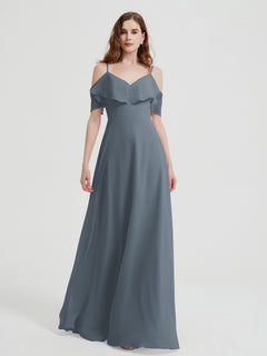 Spaghetti Straps V-neck Chiffon Long Dresses-Slate Blue Plus Size