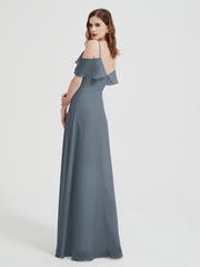 Spaghetti Straps V-neck Chiffon Long Dresses-Slate Blue