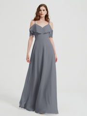 Spaghetti Straps V-neck Chiffon Long Dresses-Steel Grey