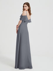 Spaghetti Straps V-neck Chiffon Long Dresses-Steel Grey