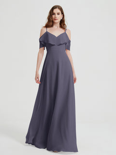 Spaghetti Straps V-neck Chiffon Long Dresses-Stormy