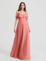 Spaghetti Straps V-neck Chiffon Long Dresses-Sunset