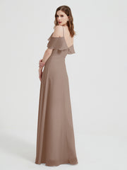 Spaghetti Straps V-neck Chiffon Long Dresses-Taupe