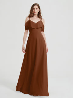 Spaghetti Straps V-neck Chiffon Long Dresses-Terracotta