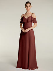 Spaghetti Straps V-neck Chiffon Long Dresses-Terracotta
