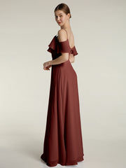 Spaghetti Straps V-neck Chiffon Long Dresses-Terracotta Plus Size