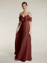 Spaghetti Straps V-neck Chiffon Long Dresses-Terracotta Plus Size