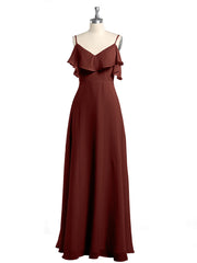 Spaghetti Straps V-neck Chiffon Long Dresses-Terracotta