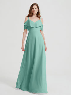 Spaghetti Straps V-neck Chiffon Long Dresses-Turquoise Plus Size