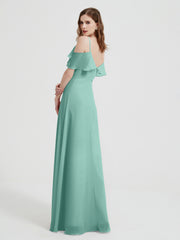 Spaghetti Straps V-neck Chiffon Long Dresses-Turquoise