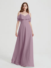 Spaghetti Straps V-neck Chiffon Long Dresses-Vintage Mauve