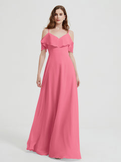 Spaghetti Straps V-neck Chiffon Long Dresses-Watermelon