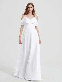 Spaghetti Straps V-neck Chiffon Long Dresses-White