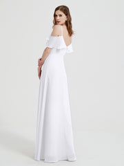 Spaghetti Straps V-neck Chiffon Long Dresses-White
