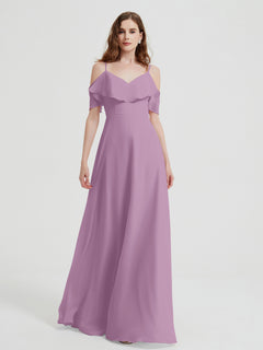 Spaghetti Straps V-neck Chiffon Long Dresses-Wisteria