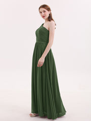 One Shoulder Bridesmaid Gown with Sash-Olive Green