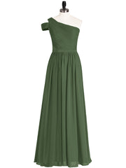 One Shoulder Bridesmaid Gown with Sash-Olive Green