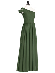 One Shoulder Bridesmaid Gown with Sash-Olive Green