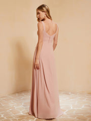 Square Neckline Ruffle Backless Chiffon A-line Dress Dusty Rose