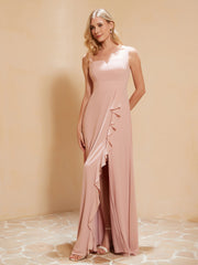 Square Neckline Ruffle Backless Chiffon A-line Dress Dusty Rose