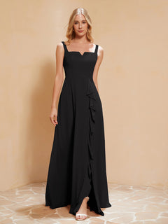 Square Neckline Ruffle Backless Chiffon A-line Dress Black