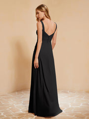 Square Neckline Ruffle Backless Chiffon A-line Dress Black