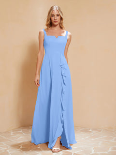 Square Neckline Ruffle Backless Chiffon A-line Dress Blue Plus Size