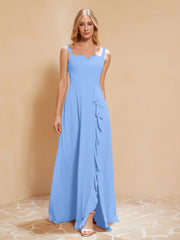 Square Neckline Ruffle Backless Chiffon A-line Dress Blue