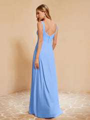 Square Neckline Ruffle Backless Chiffon A-line Dress Blue