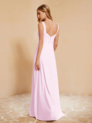 Square Neckline Ruffle Backless Chiffon A-line Dress Blushing Pink