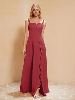 Square Neckline Ruffle Backless Chiffon A-line Dress Burgundy