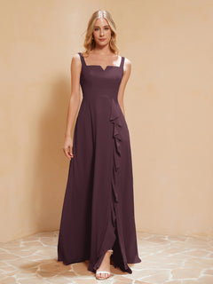 Square Neckline Ruffle Backless Chiffon A-line Dress Cabernet