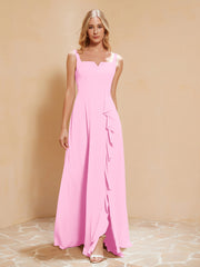 Square Neckline Ruffle Backless Chiffon A-line Dress Candy Pink