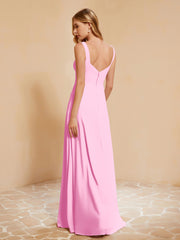 Square Neckline Ruffle Backless Chiffon A-line Dress Candy Pink