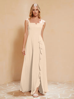 Square Neckline Ruffle Backless Chiffon A-line Dress Champagne