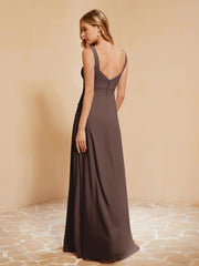 Square Neckline Ruffle Backless Chiffon A-line Dress Chocolate