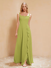 Square Neckline Ruffle Backless Chiffon A-line Dress Clover
