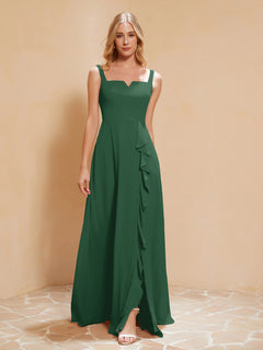 Square Neckline Ruffle Backless Chiffon A-line Dress Dark Green