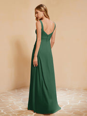 Square Neckline Ruffle Backless Chiffon A-line Dress Dark Green