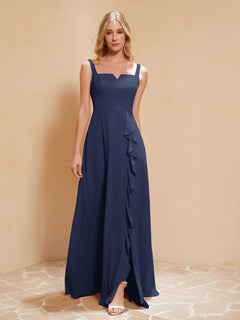 Square Neckline Ruffle Backless Chiffon A-line Dress Dark Navy